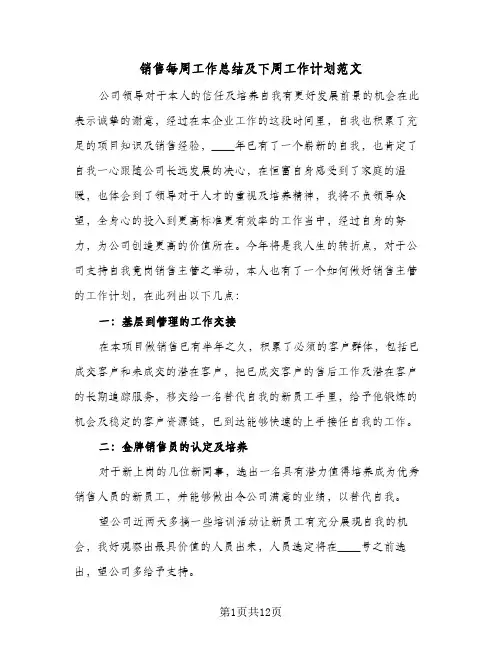 销售每周工作总结及下周工作计划范文(五篇)