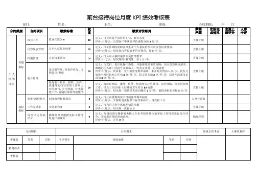 前台接待岗位月度KPI绩效考核表