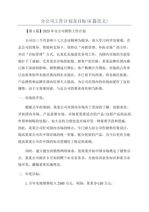 分公司工作计划及目标(6篇范文)