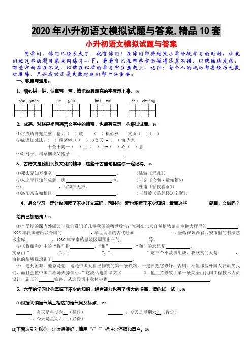 2020年小升初语文模拟试题与答案,精品10套