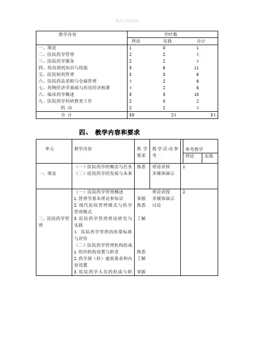 医院药学概要教学大纲