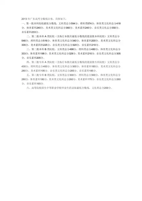 2013年广东高考分数线公布