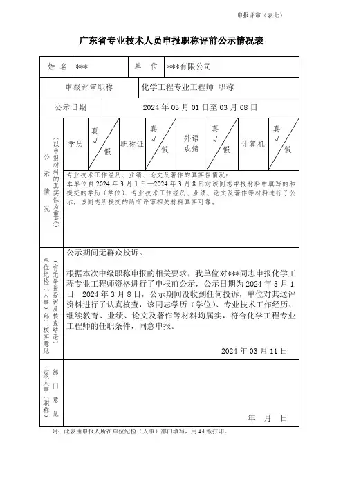 广东省专业技术人员申报职称评前公示情况表