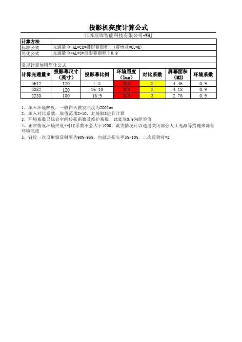 投影幕尺寸-投影机亮度-投影机投距计算公式