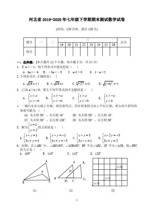河北省2019-2020年七年级下学期期末测试数学试卷