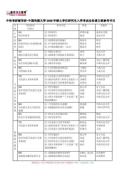 中传考研辅导班-中国传媒大学2008年硕士学位研究生入学考试业务课主要参考书目