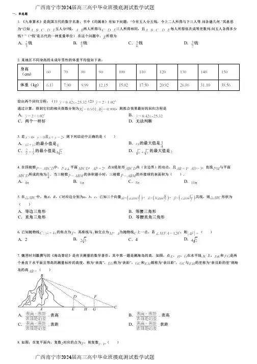 广西南宁市2024届高三高中毕业班摸底测试数学试题