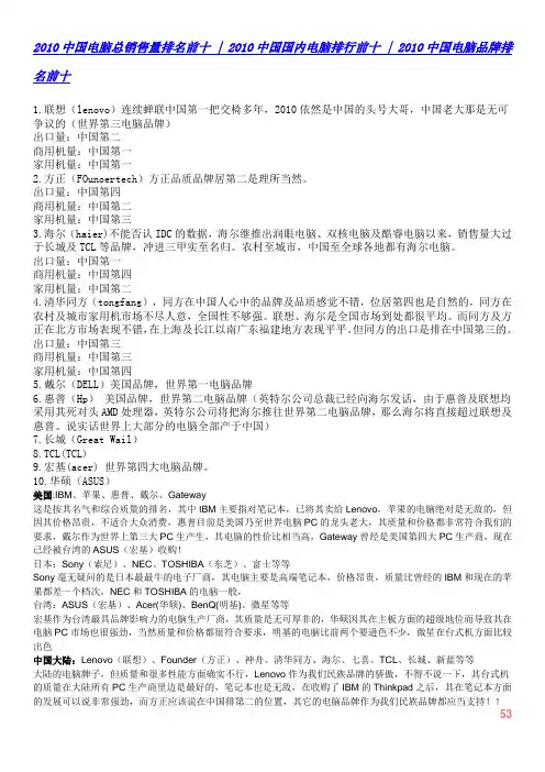 2010中国电脑总销售量排名前十介绍