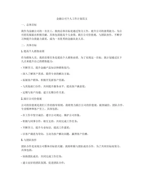 金融公司个人工作计划范文