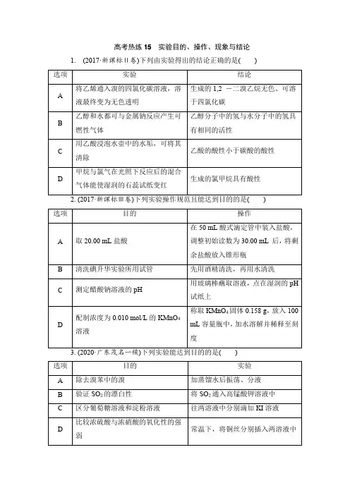 2021届高三化学二轮复习 高考热练15 实验设计与评价  表格类实验题