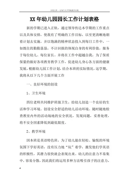 XX年幼儿园园长工作计划表格