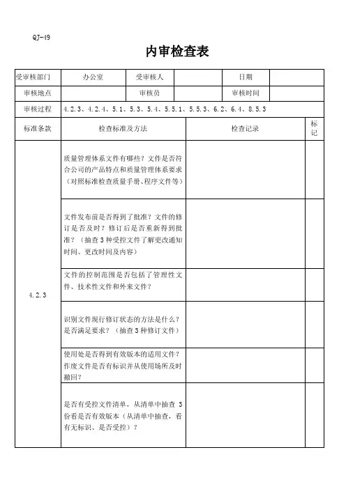 办公室内审检查表