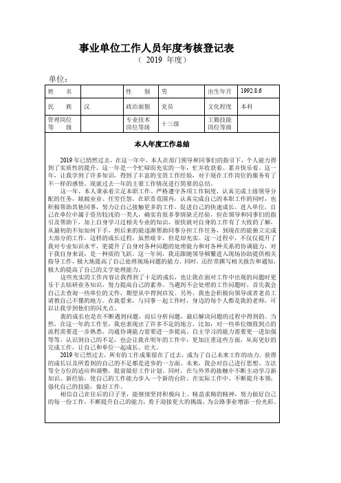事业单位工作人员年度考核登记表(适用于年轻职员2019年)