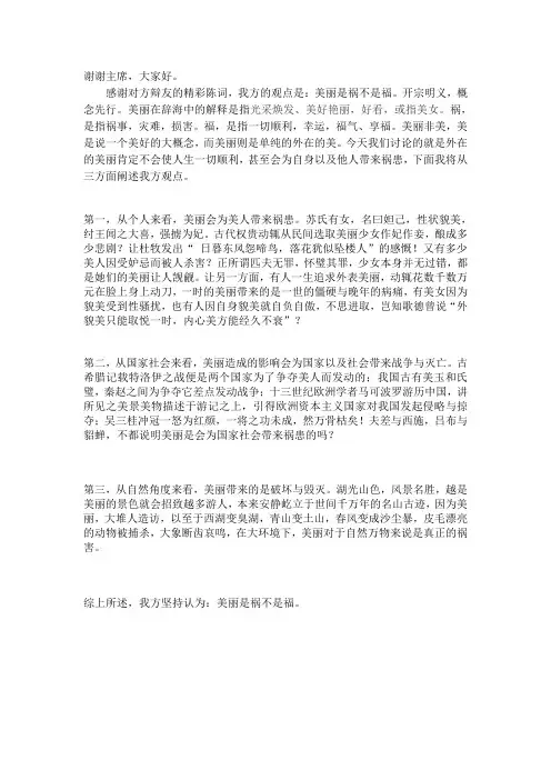 美丽是祸不是福 一辩稿