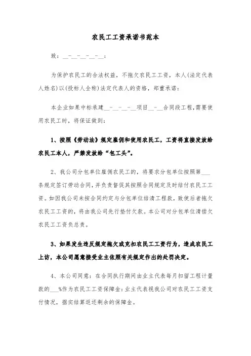 农民工工资承诺书范本（四篇）