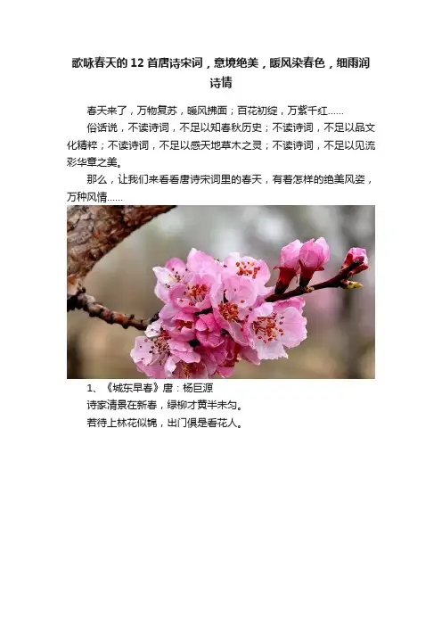 歌咏春天的12首唐诗宋词，意境绝美，暖风染春色，细雨润诗情