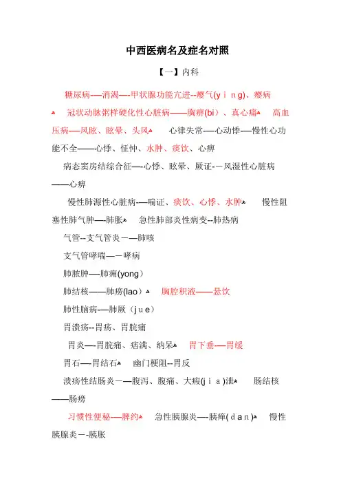 中西医病名及症名对照