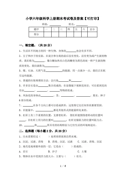 小学六年级科学上册期末考试卷及答案【可打印】