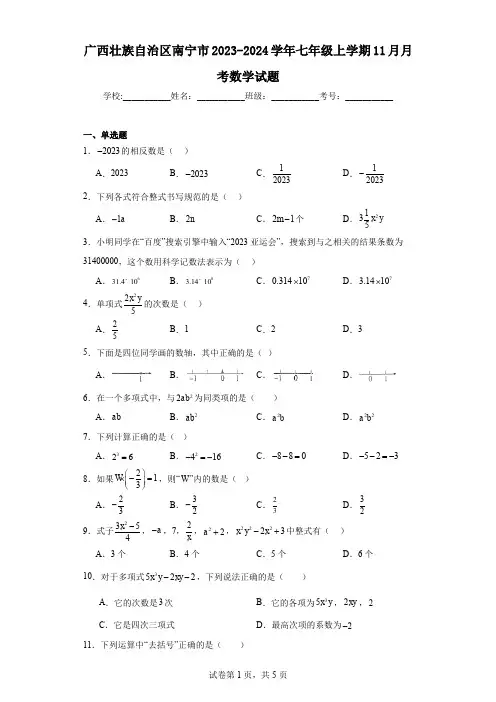 广西壮族自治区南宁市2023-2024学年七年级上学期11月月考数学试题