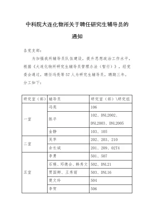 中科院大连化物所关于聘任研究生辅导员的通知