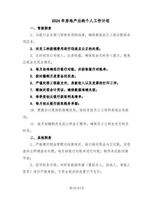 2024年房地产出纳个人工作计划（五篇）