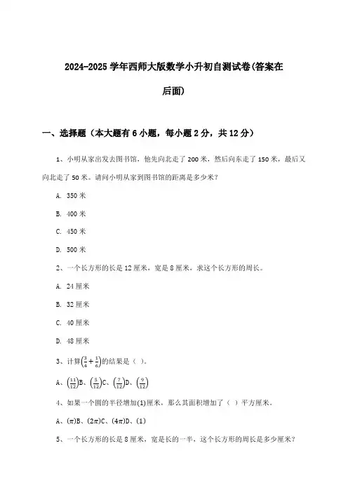 西师大版数学小升初试卷及解答参考(2024-2025学年)