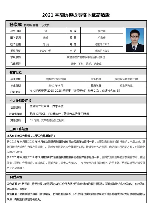 2021空简历模板表格下载简洁版