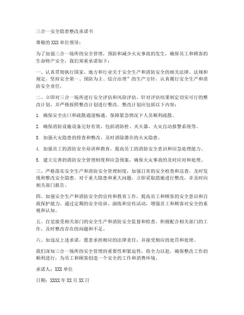 三合一安全隐患整改承诺书