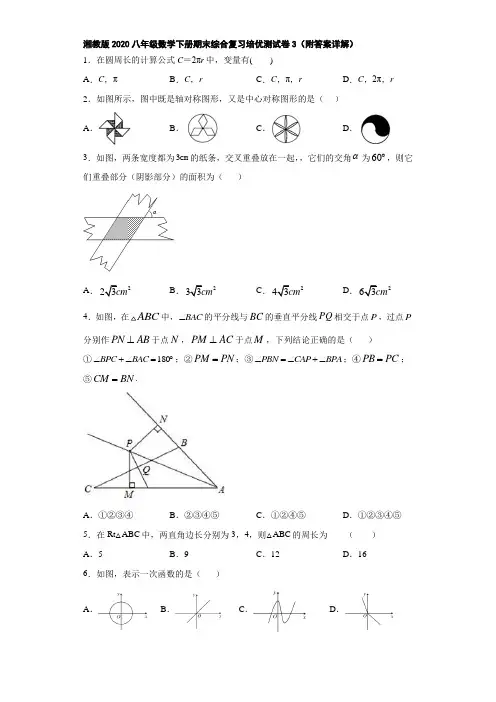 湘教版2020八年级数学下册期末综合复习培优测试卷3(附答案详解)
