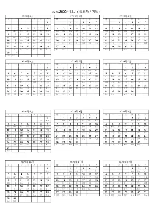 中文公元2022年日历表(带农历【阴历】完美打印版)