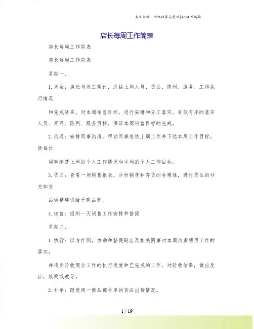 店长每周工作简表