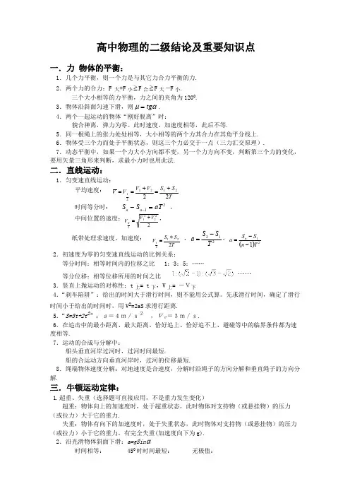 高中物理的二级结论及重要知识点总结