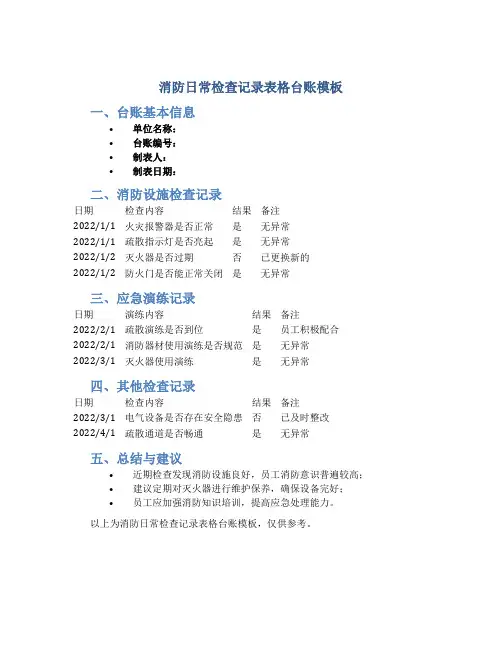 消防日常检查记录表格台账模板