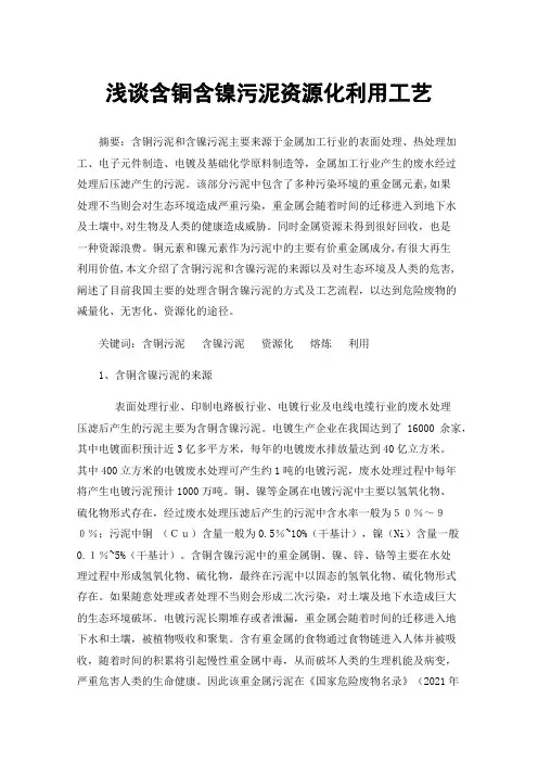 浅谈含铜含镍污泥资源化利用工艺