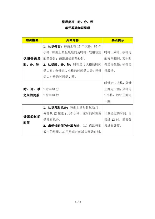 冀教版数学二年级下册_整理复习：时、分、秒