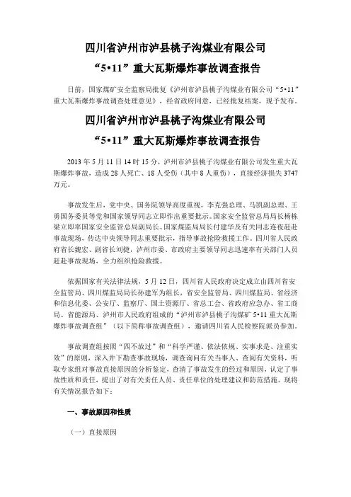 5.11四川省泸州市泸县桃子沟煤业有限公司重大瓦斯爆炸事故调查报告及处理办法