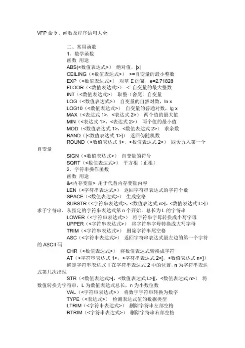 VFP命令、函数及程序语句大全