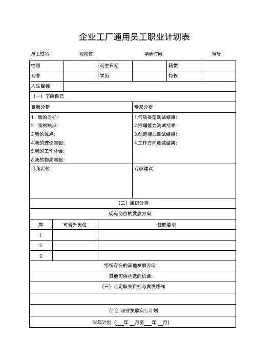 企业工厂通用员工职业规划表