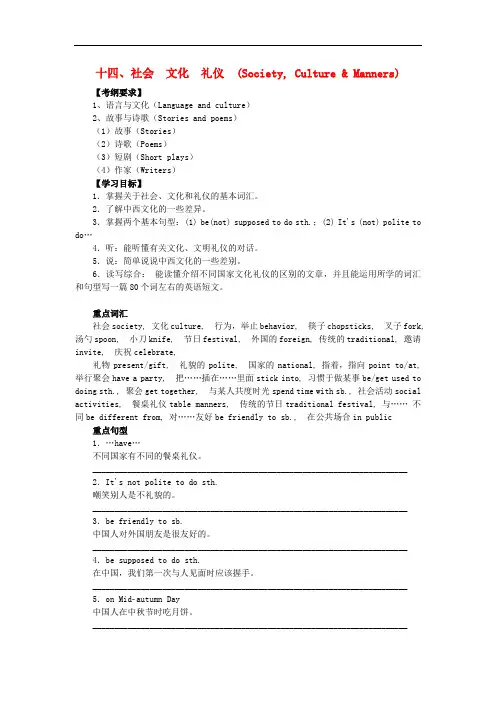 中考英语话题复习(14)社会文化礼仪复习(含答案)