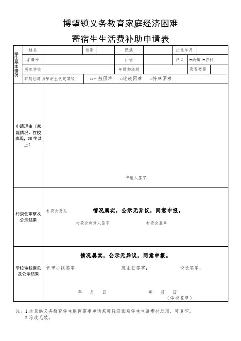 寄宿生生活补助申请表