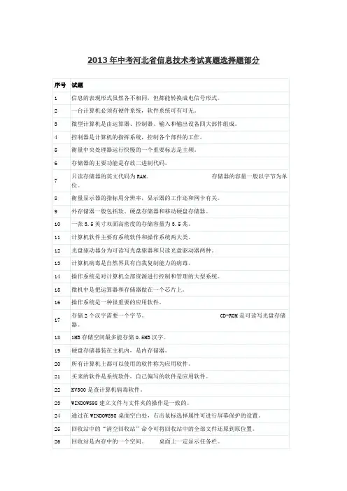 2013年中考河北省信息技术考试真题选择题部分
