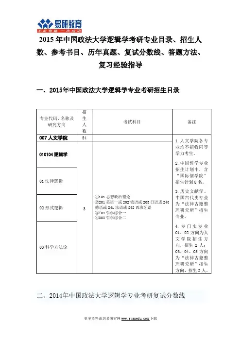 2015中国政法大学逻辑学考研专业目录招生人数参考书目历年真题复试分数线答题方法