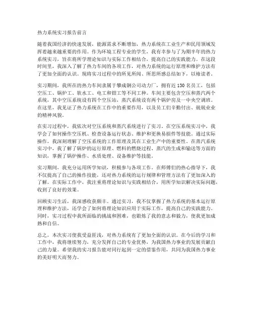热力系统实习报告前言