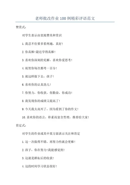 老师批改作业100例精彩评语范文