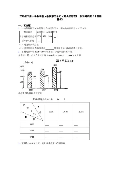 三年级下册小学数学新人教版第三单元《复式统计表》 单元测试题(含答案解析)