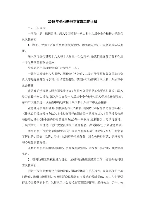 最新-2019年企业基层党支部工作计划 精品
