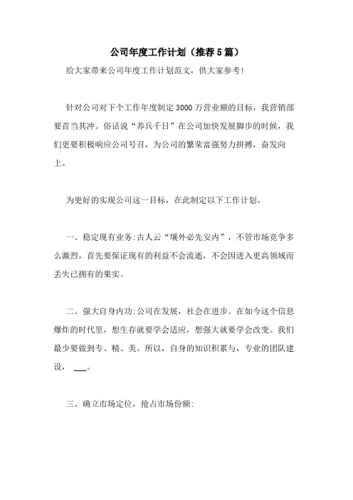 2021年公司年度工作计划(推荐5篇)