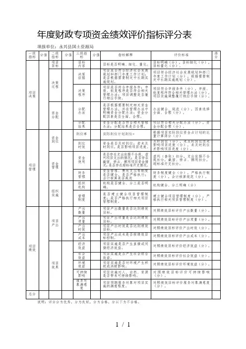 度财政专项资金绩效评价指标评分表