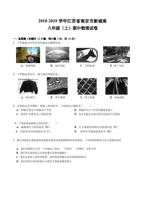 2018-2019学年江苏省南京市新城南八年级(上)期中物理试卷