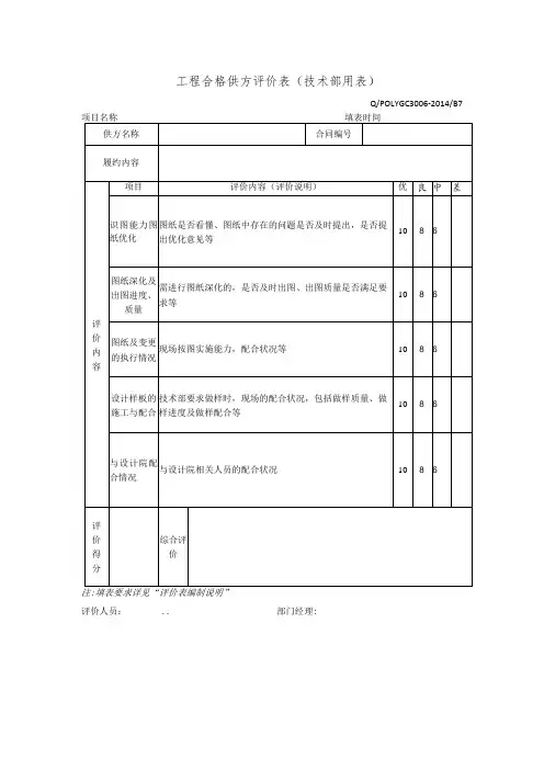 工程合格供方评价表(技术部用表)